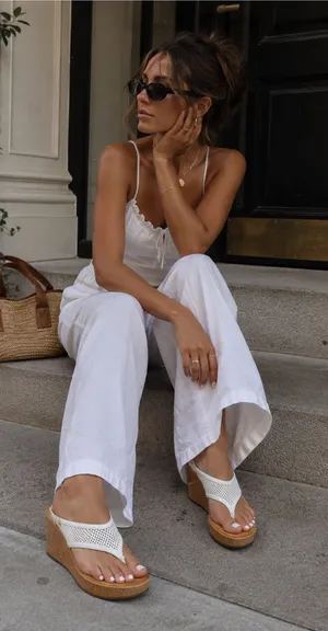 Clarks White Woven Leather Wedge Sandals with Cork-Look Platform thumbnail 1