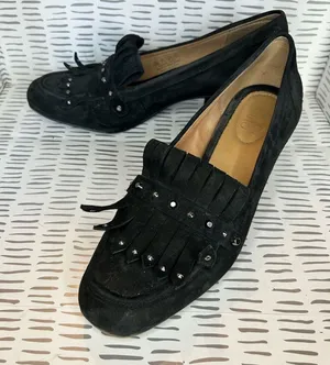 Franco Sarto Womens Black Suede Studded‎ Kiltie Loafer Block Heels Size 8.5M thumbnail 1