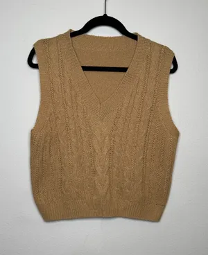 Tan Cropped Knitted Sweater Vest  thumbnail 1