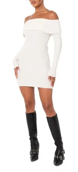 EDIKTED Emma Long Sleeve Off the Shoulder Minidress in White Size Medium/Large thumbnail 1