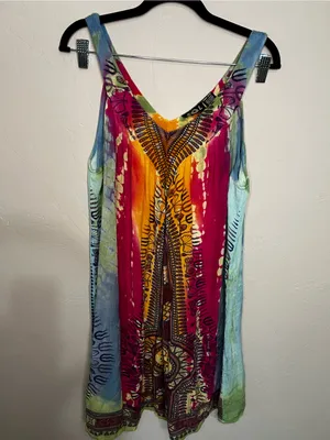 Sol Dashiki Rayon Tie Dye Boho Resort Cover-Up Mini Sundress Beach Vacation thumbnail 2