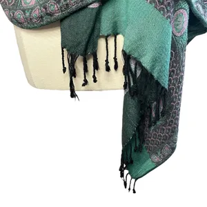 BOHEMIAN Peacock Feathers Print Pashmina, Black Green Pink thumbnail 2