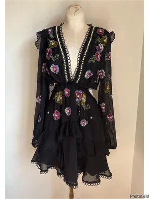 ASOS DESIGN black ruffle mini dress floral sequin pearl embellishment size 6 thumbnail 4