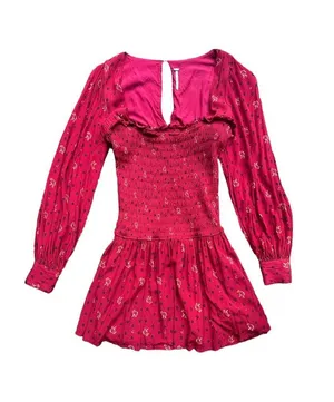 Free People Red Two Faces Printed Floral Boho Mini Dress Smocked Balloon Sleeve thumbnail 5