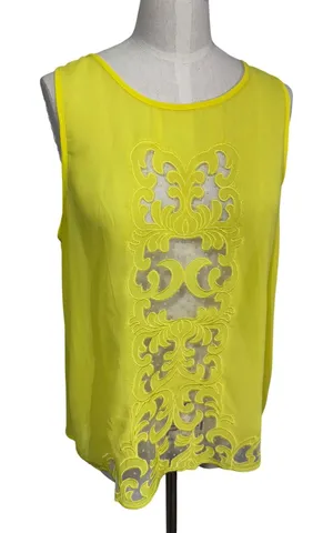 YA Los‎ Angeles L Yellow Tank Top Women's Silk Blend Embroidered Mesh Panel thumbnail 1