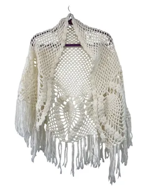 Vintage Pineapple Crochet Shawl Fringe Wrap Ivory Boho Festival One Size thumbnail 1