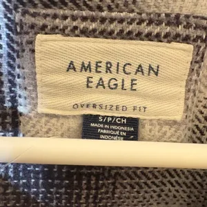 American Eagle Plaid Flannel Shirt Oversized‎ Fit Black White Grey Size Small thumbnail 4