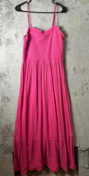 Anthropologie The Marisol Smocked Gauze Maxi Dress Size Medium Pink Tropical‎ thumbnail 1
