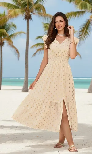 Grace Karin‎ White Gold Metallic Polka Dot Ruffle Midi Dress Large New thumbnail 1