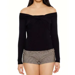 Forever 21 Women's Size Large Cold‎ Shoulder Sweater Black Ribbed Off Shoulder thumbnail 2