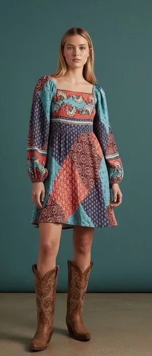 Merci Patchwork Square Neck Long Sleeve Mini Dress Blue Orange‎ M thumbnail 1