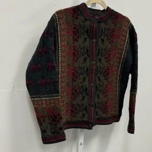 Vintage Cherry Lewis England Wool Jacquard Heritage Cardigan Sweater‎ Olive Med thumbnail 6