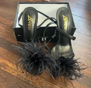 Like New! Strappy Feathered Heels Black Size 8 thumbnail 1