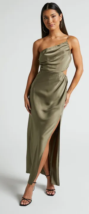 New Showpo Jaylani Midi Dress One Shoulder Thigh Split Satin Dress Size Small thumbnail 1