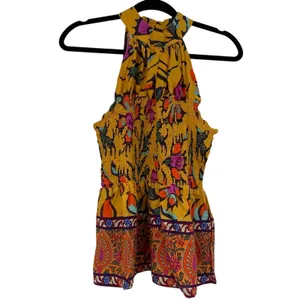 Haute Hippie Mustard Yellow Floral Print Halter Smocked Boho Blouse L Sleeveless thumbnail 2