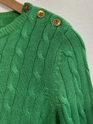 Lauren Ralph Lauren Green Cable Knit Sweater Gold Shoulder Buttons PXS thumbnail 4