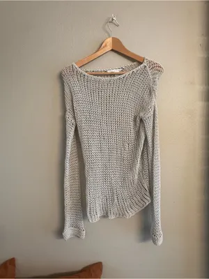 Diane Von Furstenberg Silver Metallic Open Knit Boat Neck Long Sleeve Sweater thumbnail 3