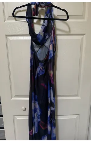 Purple Blue Floral Sheer Mesh Halter Cowl Maxi Dress thumbnail 3