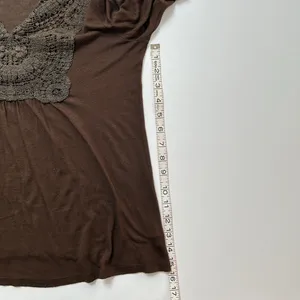 Dark brown crocheted lace bib front elbow puff sleeve top thumbnail 7