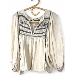 FREE PEOPLE L CYPRUS AVENUE Ivory Peasant Top Balloon Sleeve Embroidered Blouse thumbnail 3