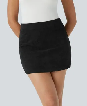 Halara High Waisted Invisible Zipper 2-in-1 A Line Mini Corduroy Black Skirt Med thumbnail 1