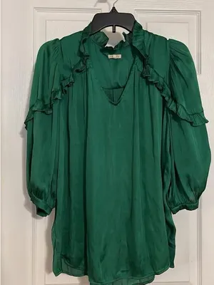 JODIFL Green Ruffle-Trim V-Neck Blouse thumbnail 2