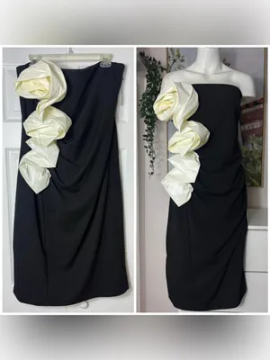New York & Company Black Cream 3D Rosette Strapless Cocktail Dress Midi XL NWT thumbnail 2