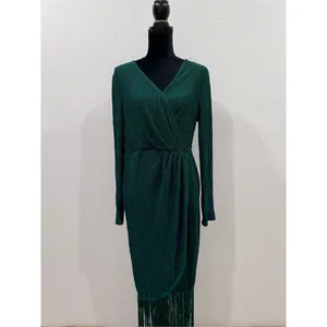 Women's Fringe Wrap Ruched V Neck Long Sleeve Solid Bodycon Party Maxi Dress siz thumbnail 3