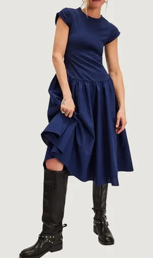 Free People XS Midi Dress Navy Blue Pleated Cap Sleeve Drop Waist Casual Daytime thumbnail 1
