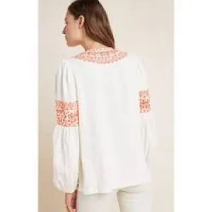 Anthropologie Maeve Louisa Cream Bohemian Long Sleeve Top with Coral Embroidery thumbnail 4
