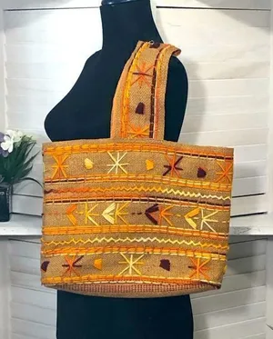 Vintage Burlap Tote Bag Embroidered Tan Orange Cream thumbnail 1