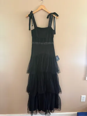 Lulus Enticing Mystique Black Tulle Tie-Strap Tiered Maxi Dress Size Small NWT thumbnail 5