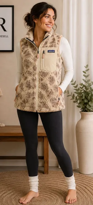 Patagonia Retro-X Fleece Vest Womens XS Leopard Print Tan Brown Full Zip Sherpa thumbnail 1