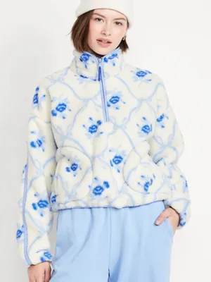 Old Navy Women’s Sz Medium Sherpa Quarter Zip Sweatshirt White Blue Floral Print thumbnail 1
