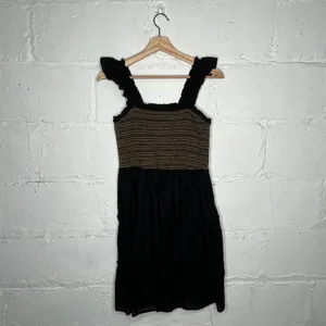 J.Crew‎ Factory Women's Black Cotton Smocked Tiered Ruffle Mini Dress Size Small thumbnail 2