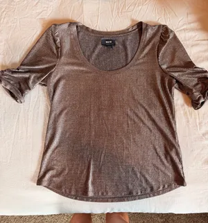 Maeve by Anthropologie Metallic Rib Knit Ruched Sleeve Top Medium Rose Gold Shimmer thumbnail 1