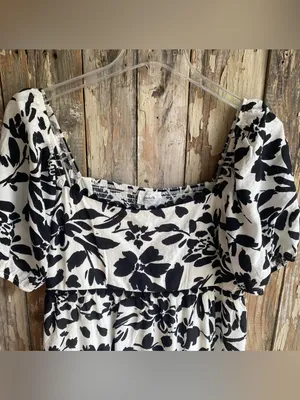 Perch black white floral print puff sleeve tiered flowy maxi dress summer 1X thumbnail 5