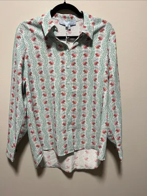 HILL HOUSE (NWT) The James Button-Down Shirt in Floral Vine, Mint/Coral, Size S thumbnail 2