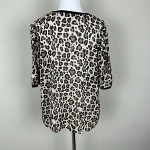A New Day Top Womens Large Leopard Animal Print‎ Short Sleeve Sheer Blouse L thumbnail 7