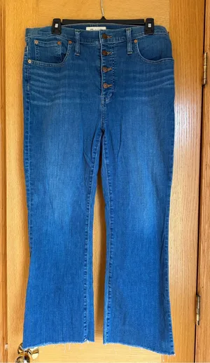 Madewell Cali Demi Boot Button Fly Jeans Blue Denim Raw Frayed Hem Size 31 thumbnail 1