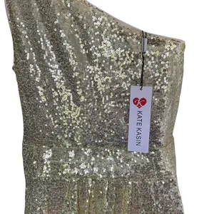 NWT Kate Kasin One Shoulder Maxi Dress Sz 6 Gold‎ Sequin Bridesmaid Evening Prom thumbnail 4