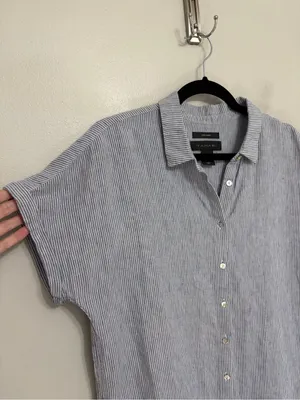 Tahari 100% Linen Button Down Boxy Shirt Dress Blue and White Pinstripe - Size S thumbnail 6