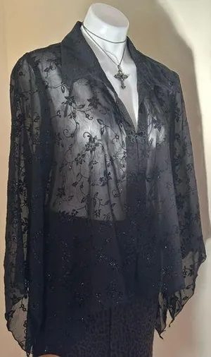 Dress Barn Collection Black Floral Lace Shimmer Print Asymmetrical Sleeves Sz XL thumbnail 1