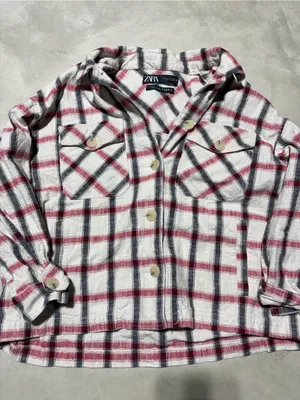 ZARA Plaid Button-Up Shirt Jacket - Cream, Red & Black Italian fabric XL thumbnail 5