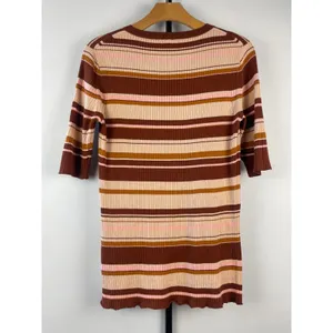 Lafayette 148 New York Striped Ribbed Silk Cotton Knit Top Brown Pink Large thumbnail 6