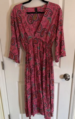 Sacred Threads Cotton Paisley Pink Women's Empire Waist Flair Sleeve Dress S Med thumbnail 1