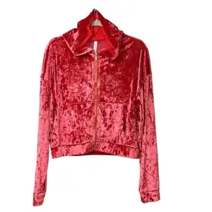 Fabletics Crushed Velour Zip up Hoodie Strawberry Red Top(Size Medium) thumbnail 2