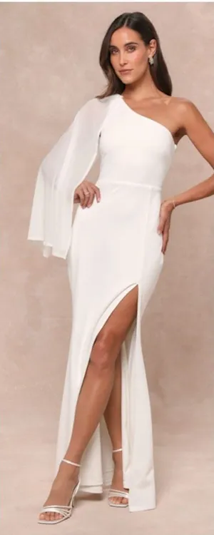 Lulus Majestic Attitude White Cape Sleeve One-Shoulder Maxi Dress Size XS Bridal thumbnail 1