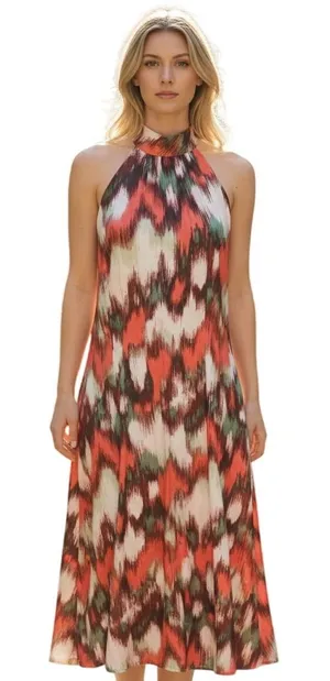 Banana Republic Halter Midi Dress Womens 6 Orange‎ Green New Abstract Ikat Print thumbnail 1