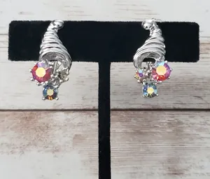 Vintage Clip On Earrings Silver Tone Hat With Iridescent Gems - One Gem Missing thumbnail 1